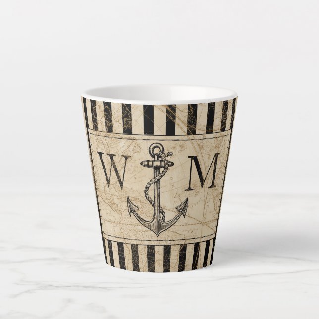 Tasse Latte Ancre nautique Carte du Monogramme noir (Devant)