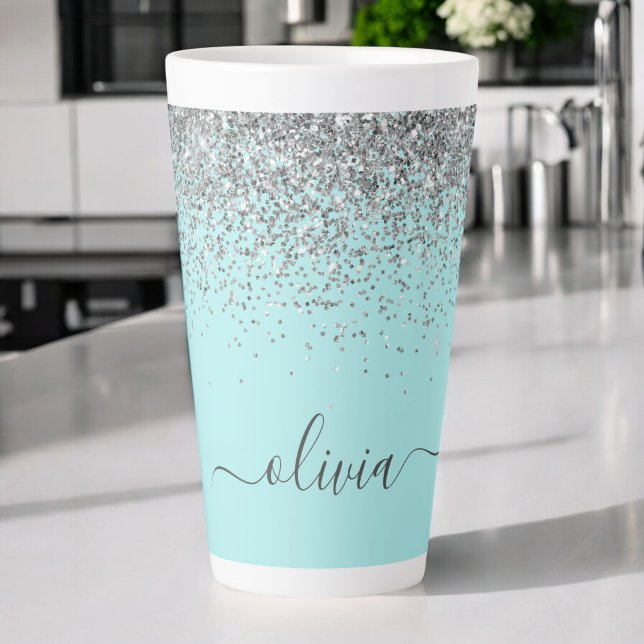 Tasse Latte Aqua Bleu Turquoise Argent Pailleté Monogramme (Créateur téléchargé)