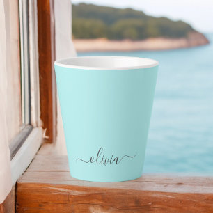 Tasse Latte Aqua Blue Turquoise Moderne Script Girl Monogramme