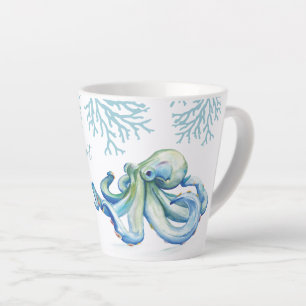 Tasse Latte Aquarelle bleu Witty Octopus Coastal
