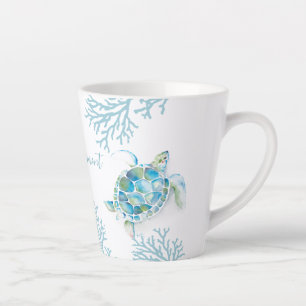 Tasse Latte Aquarelle bleue Tortue de mer
