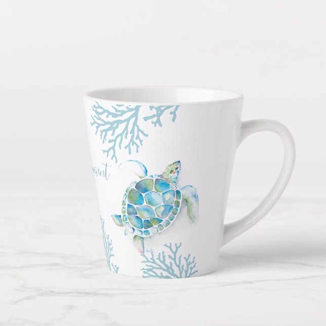 Tasse Latte Aquarelle bleue Tortue de mer (Droite)
