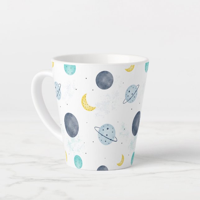 Tasse Latte Aquarelle Blue Space Planet Motif (Angle gauche)