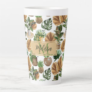 Tasse Latte Aquarelle Boho Intérieur Maison Plantes Nom Monogr