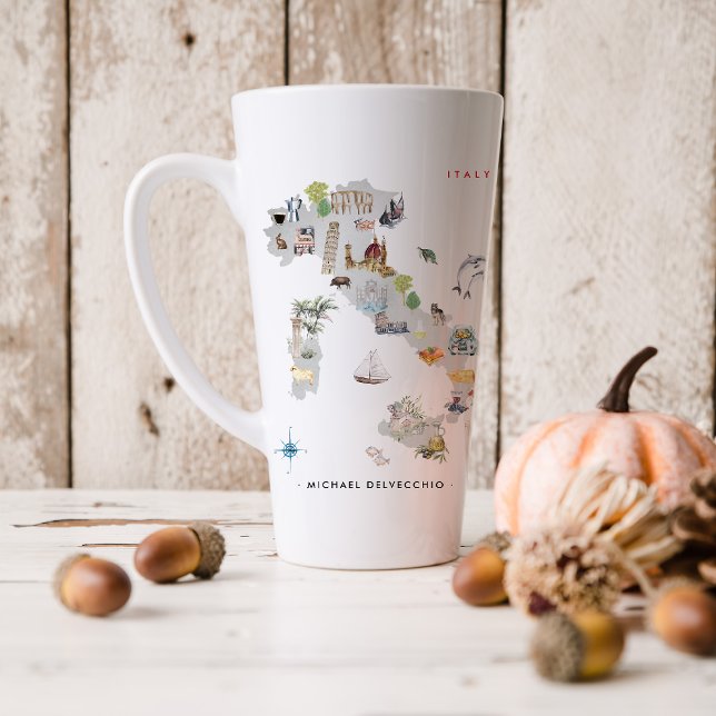 Tasse Latte Aquarelle Carte illustrée de l'Italie | Monogramme (Créateur téléchargé)