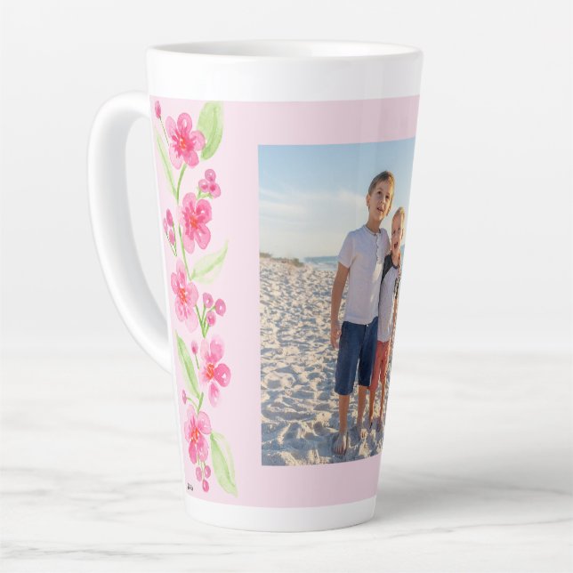 Tasse Latte Aquarelle Cherry Blossom Famille Photo PERSONNALIS (Angle gauche)