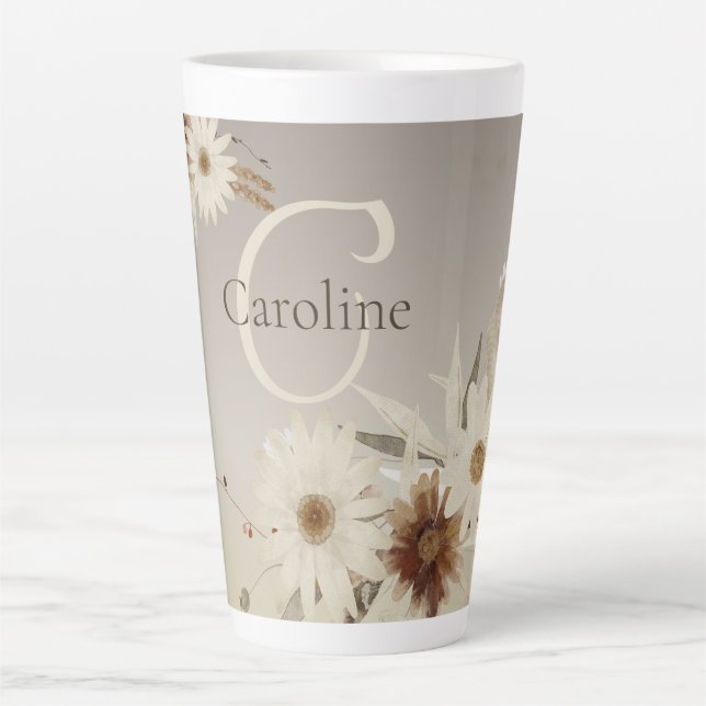 Tasse Latte Aquarelle d'automne Monogramme floral Personnalisé (Devant)