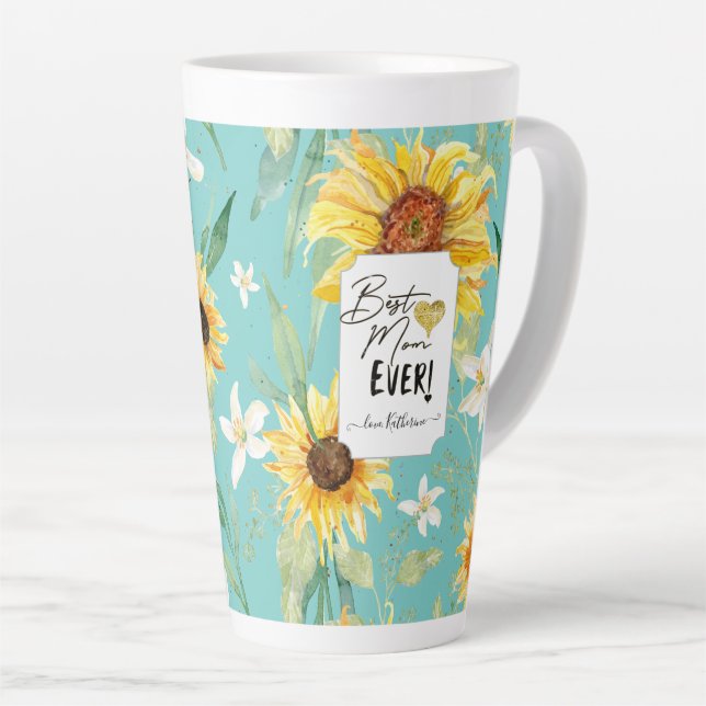 Tasse Latte Aquarelle de tournesol meilleure maman jamais Aqua (Angle droit)