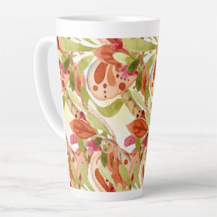 Tasse Latte Aquarelle Feuilles rose et vert sage