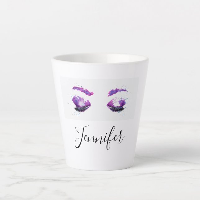 Tasse Latte Aquarelle glamour aux yeux et aux bouillons pourpr (Devant)