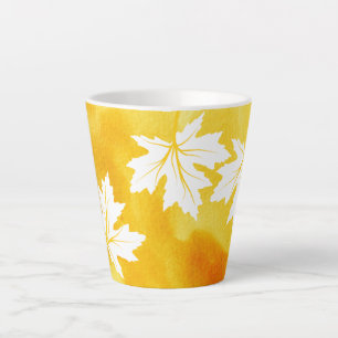 Tasse Latte Aquarelle jaune moderne et feuilles d'érable blanc