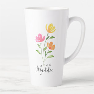 Tasse Latte Aquarelle jaune orange rose tiges