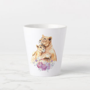 Tasse Latte Aquarelle mignonne Mère Lion & Cub