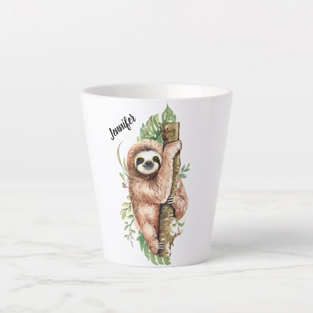 Tasse Latte Aquarelle mignonne Sloth & Feuilles tropicaux (Devant)