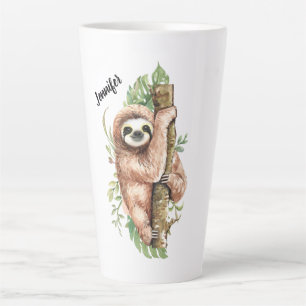 Tasse Latte Aquarelle mignonne Sloth & Feuilles tropicaux