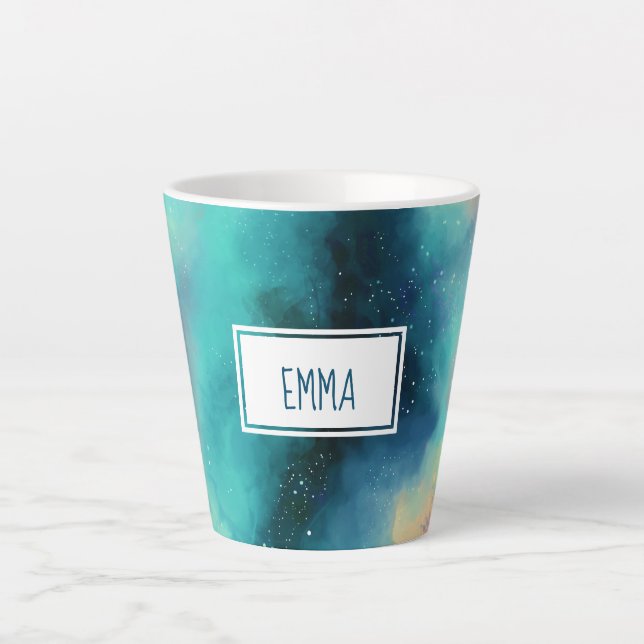 Tasse Latte Aquarelle moderne Green & Red Space Nebula (Devant)