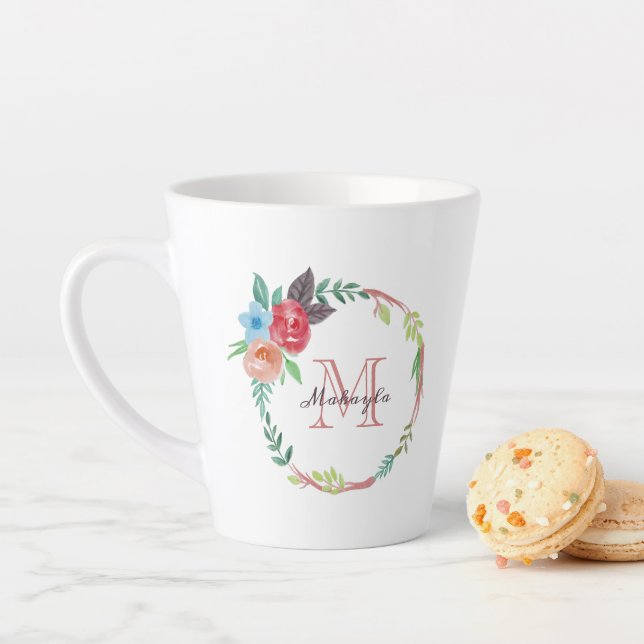 Tasse Latte Aquarelle Monogramme floral  (En situation)