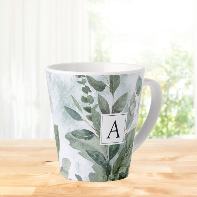 Tasse Latte Aquarelle monogramme Sage rustique Vert (In situ Kitchen table)