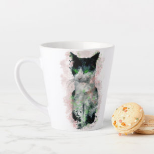 Tasse Latte Aquarelle Noir Et Blanc Chat Rose Tint Vert Oeil