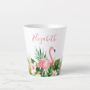 Tasse Latte Aquarelle Nom floral tropical Flamant rose rose