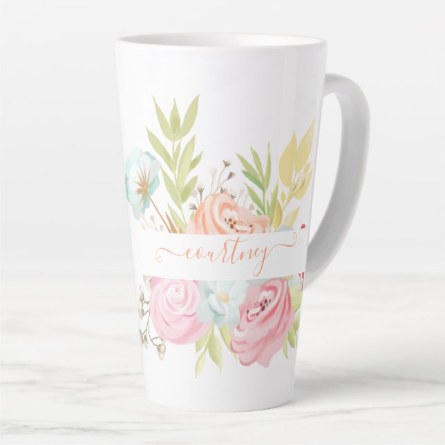 Tasse Latte Aquarelle orange et rose florale personnalisée (Angle droit)