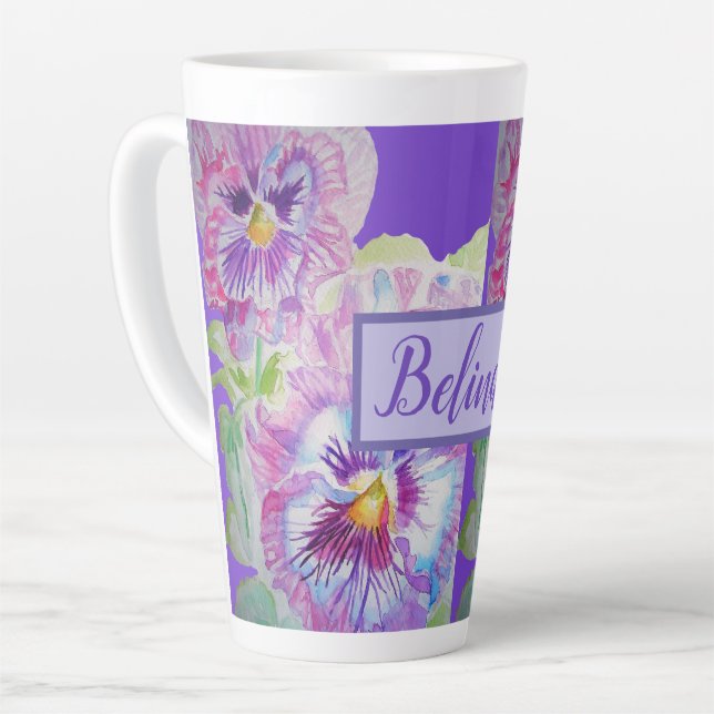 Tasse Latte Aquarelle Pansy Floral Plutôt Violet Fleur (Angle gauche)