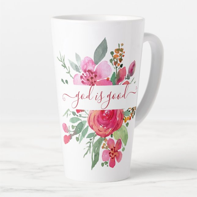 Tasse Latte Aquarelle rose floral "Dieu est bon" tlatte muette (Angle droit)
