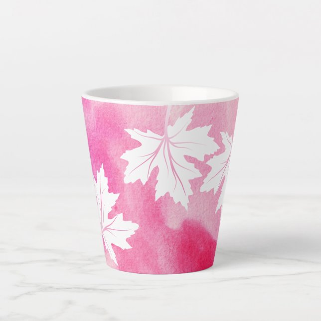 Tasse Latte Aquarelle rose moderne et feuilles d'érable blanc (Devant)