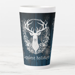 Tasse Latte Aquarelle rustique renne blanc   Bleu