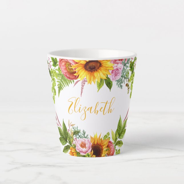 Tasse Latte Aquarelle Tournesol Floral Nom jaune (Devant)