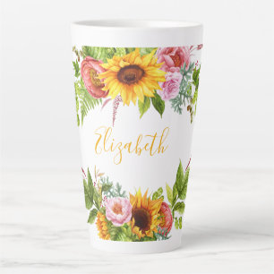 Tasse Latte Aquarelle Tournesol Floral Nom jaune Grand