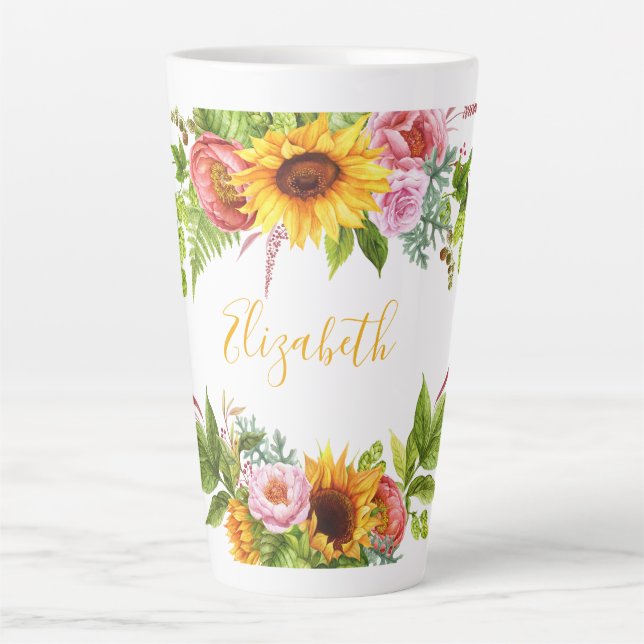 Tasse Latte Aquarelle Tournesol Floral Nom jaune Grand (Devant)