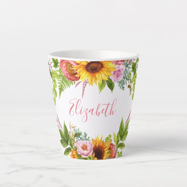 Tasse Latte Aquarelle Tournesol Floral Nom rose (Devant)