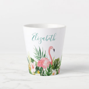 Tasse Latte Aquarelle Tropical Floral Flamant rose Nom Turquoi