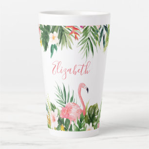 Tasse Latte Aquarelle Tropical Floral Flamant rose rose Grand