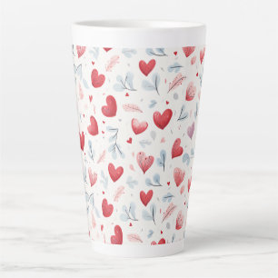Tasse Latte Aquarelle Whimsical Coeurs et Motif Feuille