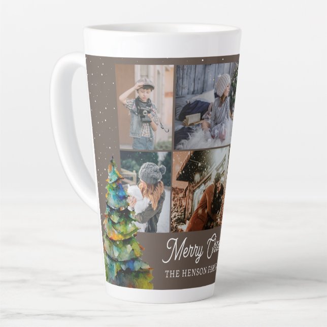 Tasse Latte Arbre de Noël Aquarelle Famille 6 Photo Collage (Angle gauche)