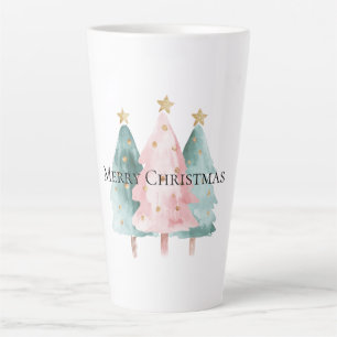 Tasse Latte Arbres de Noël verts roses étoiles d'or