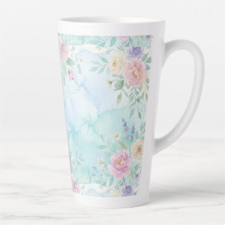 Tasse Latte arc-en-ciel floral pastel aquarelle fond bleu vert