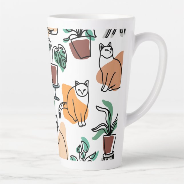 Tasse Latte Art de trait dessin chats et fleurs (Droite)