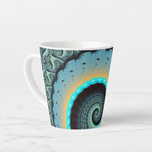 Tasse Latte Art fractal spirale abstrait bleu turquoise orange