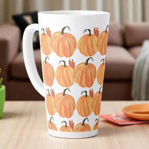 Tasse Latte Automne Citrouille Aquarelle Automne Feuilles Moti