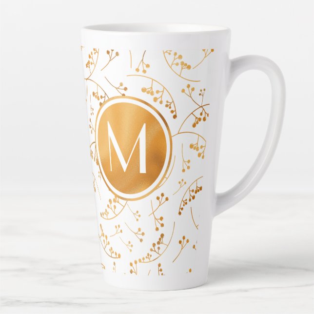 Tasse Latte Baies d'or monogramme élégant motif sur blanc (Droite)