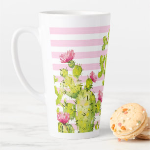 Tasse Latte Bandes roses avec Aquarelle de cactus à poires
