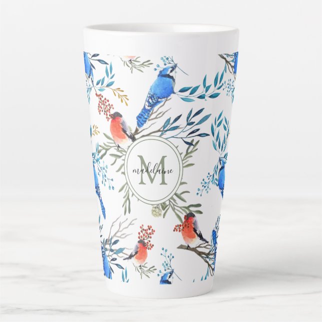 Tasse Latte Beau Aquarelle Oiseaux et Motif de Foliage (Devant)