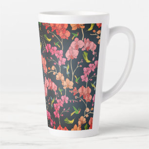 Tasse Latte Beau modèle d'oiseaux et d'orchidées