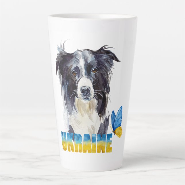 Tasse Latte Belle aquarelle Ukraine Chien et Papillon (Devant)