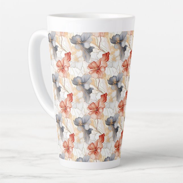 Tasse Latte Belle Pêche féminine Rouge Bleu et Blanc Floral (Angle gauche)