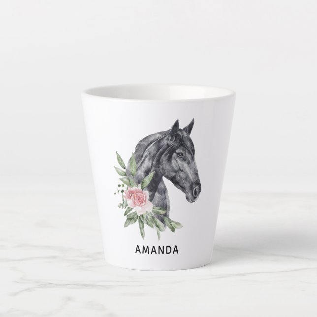 Tasse Latte Belle tête de cheval noir Portrait d'aquarelle (Devant)