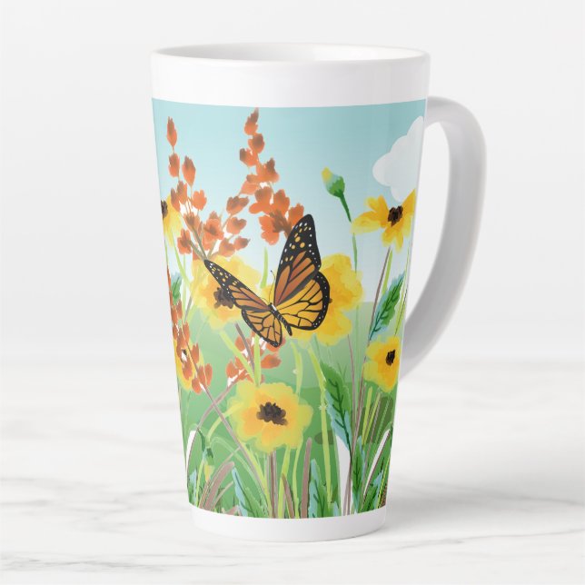 Tasse Latte Belles Fleurs Jaunes Ciel Bleu et Papillon (Angle droit)
